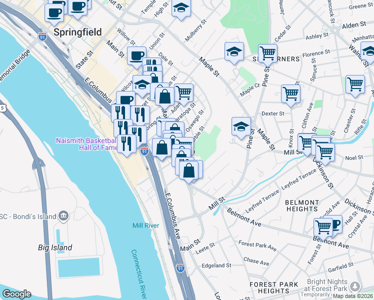 map of restaurants, bars, coffee shops, grocery stores, and more near 609-611 Main Street in Springfield
