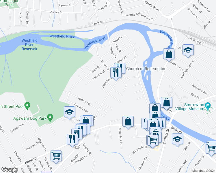 map of restaurants, bars, coffee shops, grocery stores, and more near 15 Ellington Street in Agawam