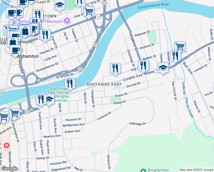 map of restaurants, bars, coffee shops, grocery stores, and more near 167 Conklin Avenue in Binghamton