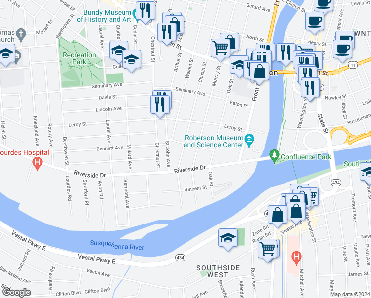 map of restaurants, bars, coffee shops, grocery stores, and more near 76 Chapin Street in Binghamton