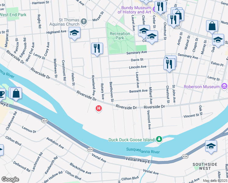 map of restaurants, bars, coffee shops, grocery stores, and more near 74 Lathrop Avenue in Binghamton