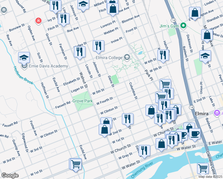 map of restaurants, bars, coffee shops, grocery stores, and more near 709 Davis Street in Elmira