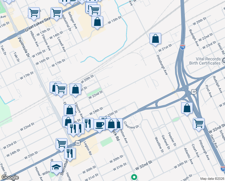map of restaurants, bars, coffee shops, grocery stores, and more near 2543 W 22nd St in Erie
