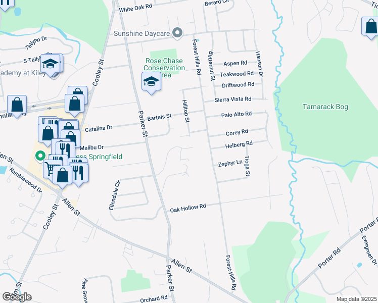 map of restaurants, bars, coffee shops, grocery stores, and more near 123 Skyridge Drive in Springfield