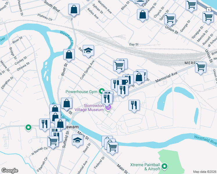 map of restaurants, bars, coffee shops, grocery stores, and more near 55 Exposition Terrace in West Springfield