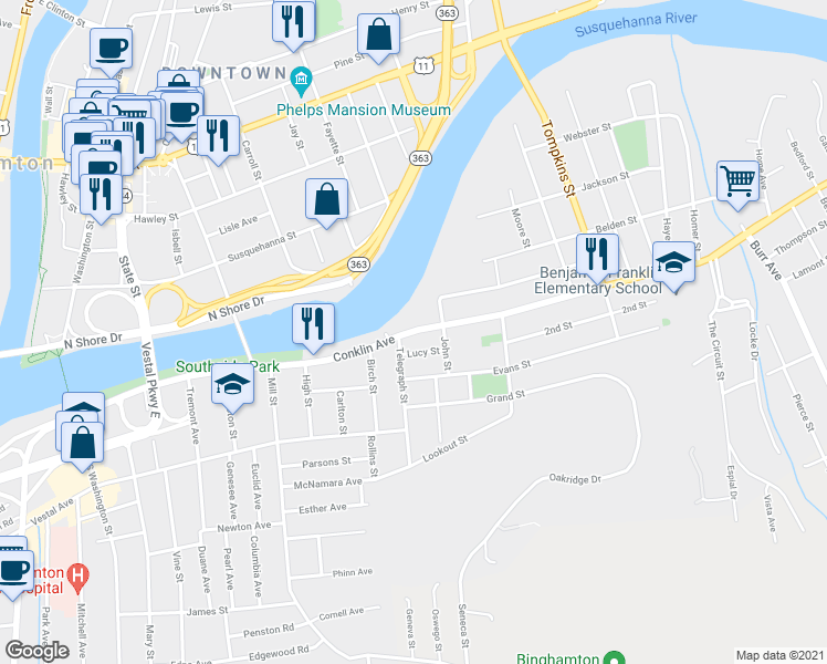 map of restaurants, bars, coffee shops, grocery stores, and more near 167 Conklin Avenue in Binghamton