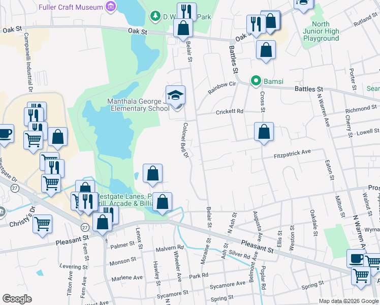 map of restaurants, bars, coffee shops, grocery stores, and more near 168 Belair Street in Brockton