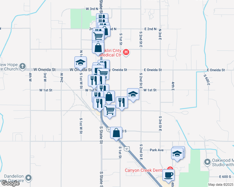 map of restaurants, bars, coffee shops, grocery stores, and more near 110 South 1st East Street in Preston