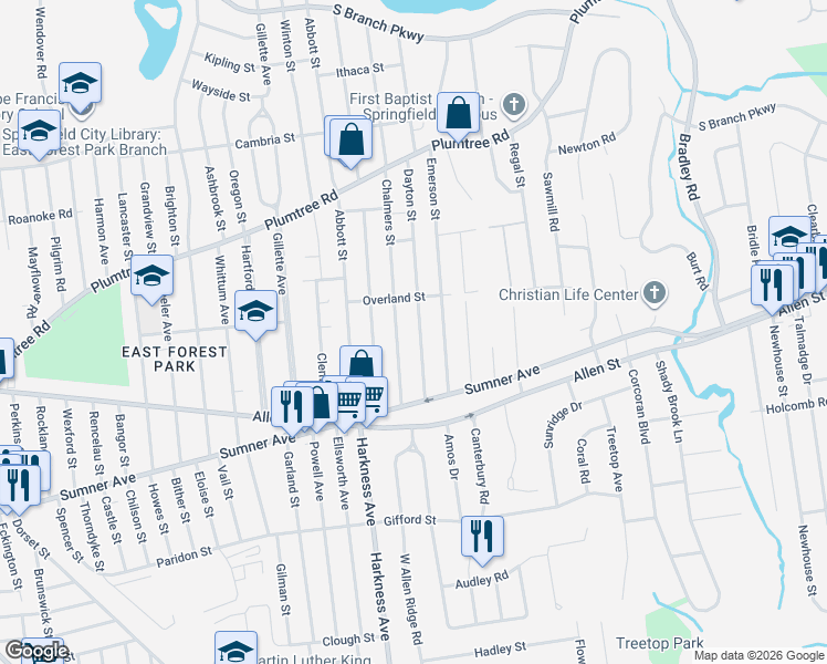 map of restaurants, bars, coffee shops, grocery stores, and more near 101 Chalmers Street in Springfield