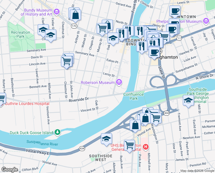 map of restaurants, bars, coffee shops, grocery stores, and more near 29 Front Street in Binghamton