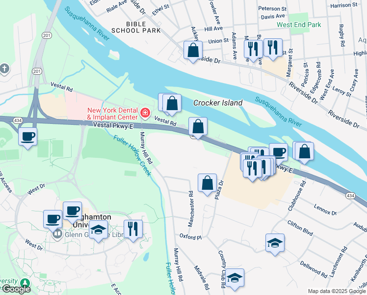 map of restaurants, bars, coffee shops, grocery stores, and more near 85 Murray Hill Road in Vestal