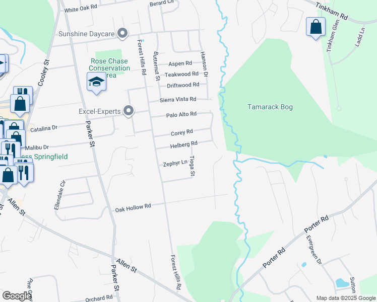 map of restaurants, bars, coffee shops, grocery stores, and more near 78 Helberg Road in Springfield