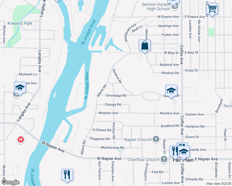 map of restaurants, bars, coffee shops, grocery stores, and more near 1284 Seneca Road in Benton Harbor