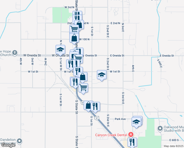 map of restaurants, bars, coffee shops, grocery stores, and more near 110 South 1st East Street in Preston