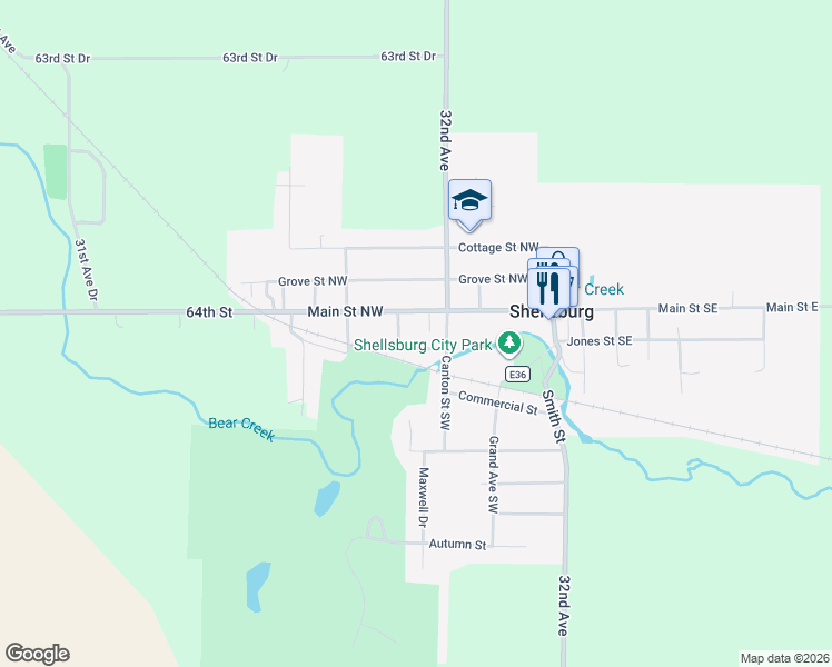 map of restaurants, bars, coffee shops, grocery stores, and more near 306 Main Street East in Shellsburg