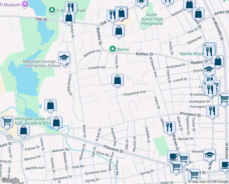 map of restaurants, bars, coffee shops, grocery stores, and more near 111 Cross Street in Brockton