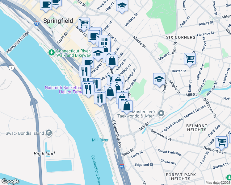 map of restaurants, bars, coffee shops, grocery stores, and more near 6 Arlington Court in Springfield