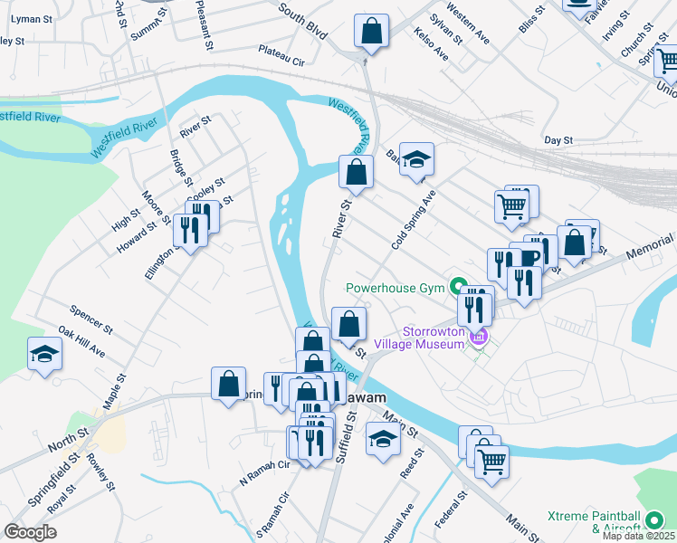 map of restaurants, bars, coffee shops, grocery stores, and more near 160 River Street in West Springfield