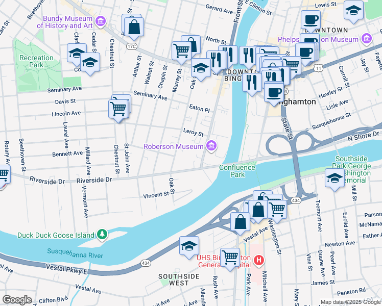 map of restaurants, bars, coffee shops, grocery stores, and more near 29 Front Street in Binghamton