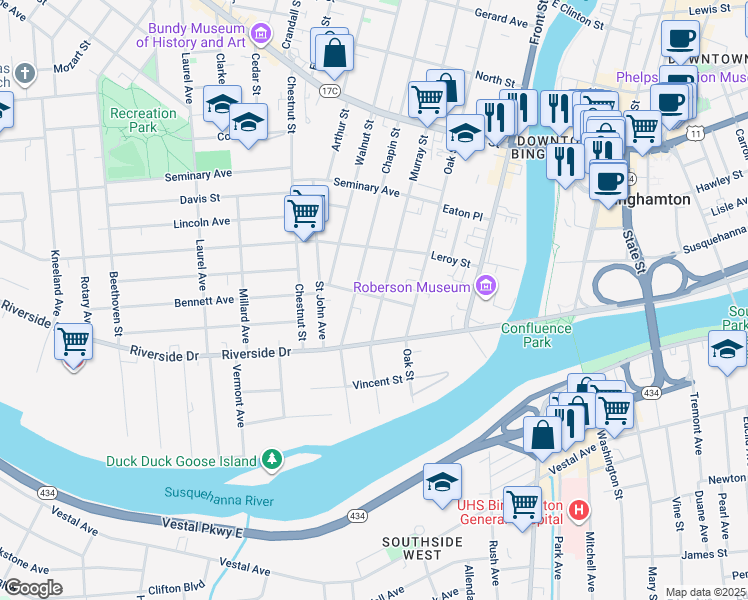 map of restaurants, bars, coffee shops, grocery stores, and more near 76 Chapin Street in Binghamton
