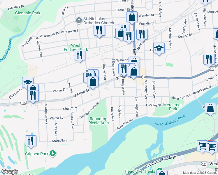 map of restaurants, bars, coffee shops, grocery stores, and more near 304 West Main Street in Endicott