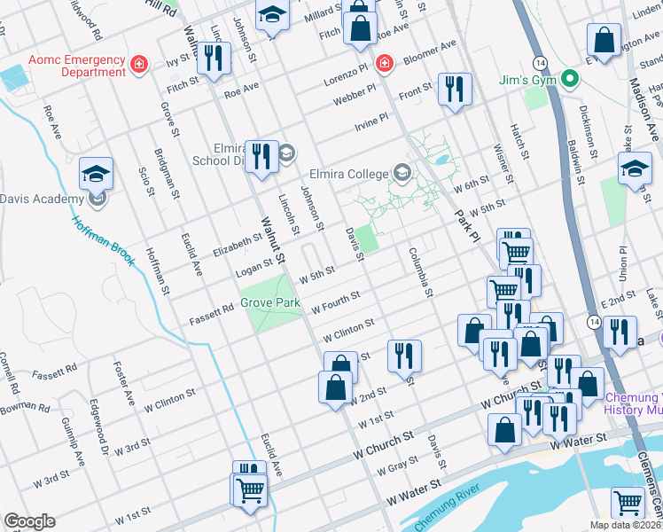 map of restaurants, bars, coffee shops, grocery stores, and more near 710 North Elm Street in Elmira