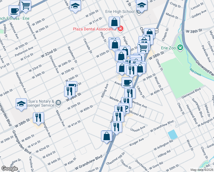 map of restaurants, bars, coffee shops, grocery stores, and more near 1004 W 38th St in Erie