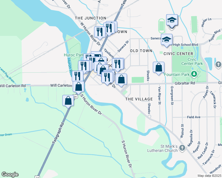 map of restaurants, bars, coffee shops, grocery stores, and more near in Flat Rock