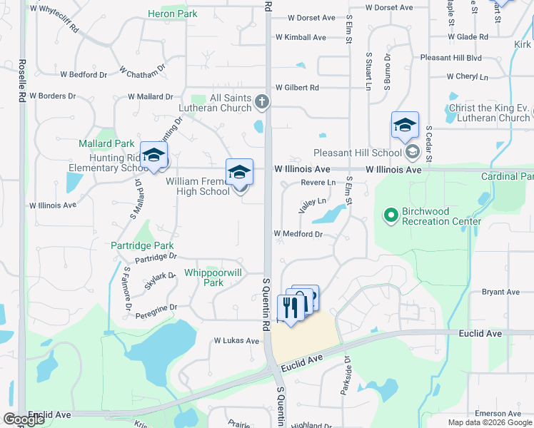 map of restaurants, bars, coffee shops, grocery stores, and more near 840 South Quentin Road in Palatine