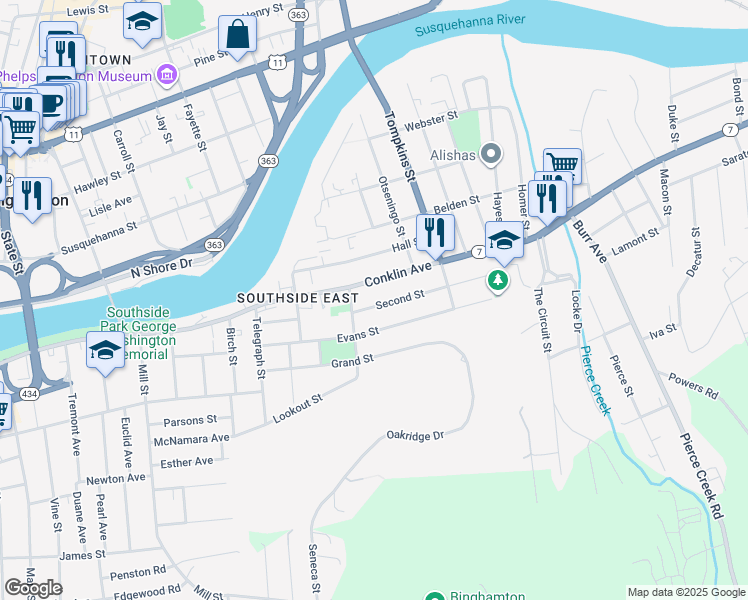 map of restaurants, bars, coffee shops, grocery stores, and more near 194 Conklin Avenue in Binghamton