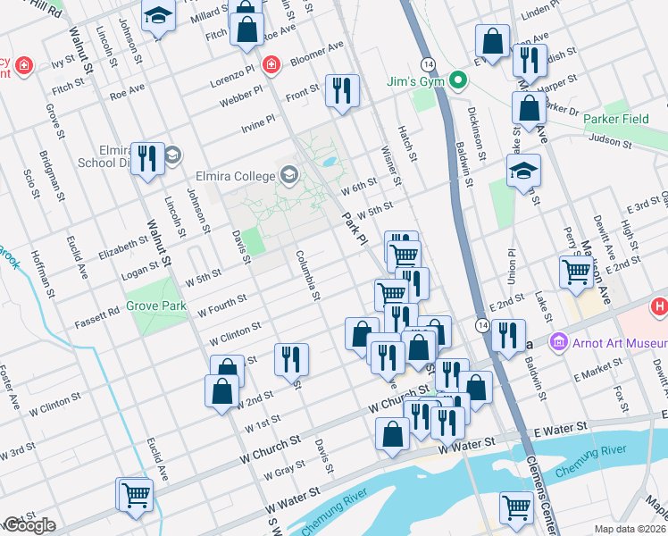 map of restaurants, bars, coffee shops, grocery stores, and more near 310 West Fourth Street in Elmira