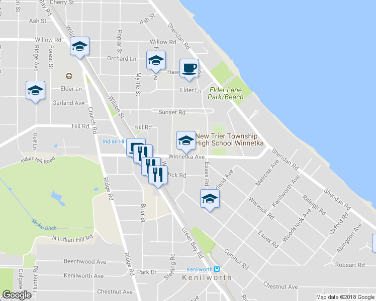 map of restaurants, bars, coffee shops, grocery stores, and more near 385 Winnetka Rd in Winnetka