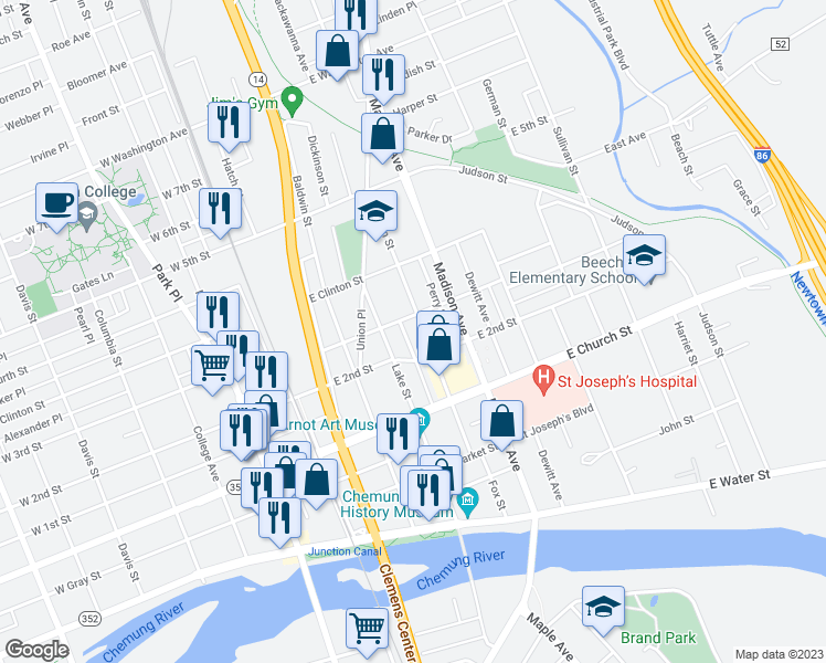 map of restaurants, bars, coffee shops, grocery stores, and more near 415 William Street in Elmira