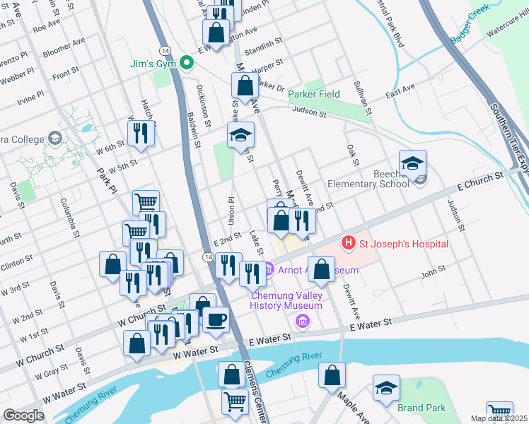 map of restaurants, bars, coffee shops, grocery stores, and more near 415 William Street in Elmira
