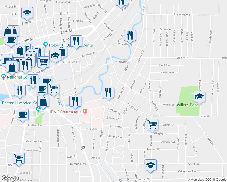 map of restaurants, bars, coffee shops, grocery stores, and more near 411 Allen Street in Jamestown