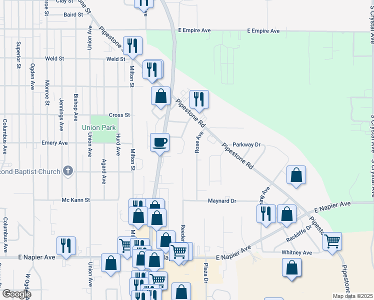 map of restaurants, bars, coffee shops, grocery stores, and more near 1290 Rose Avenue in Benton Harbor