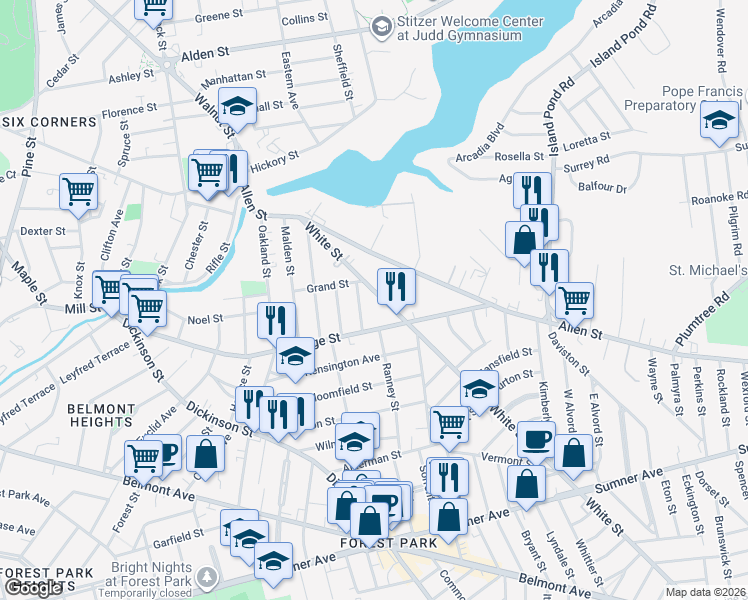map of restaurants, bars, coffee shops, grocery stores, and more near 119 White Street in Springfield