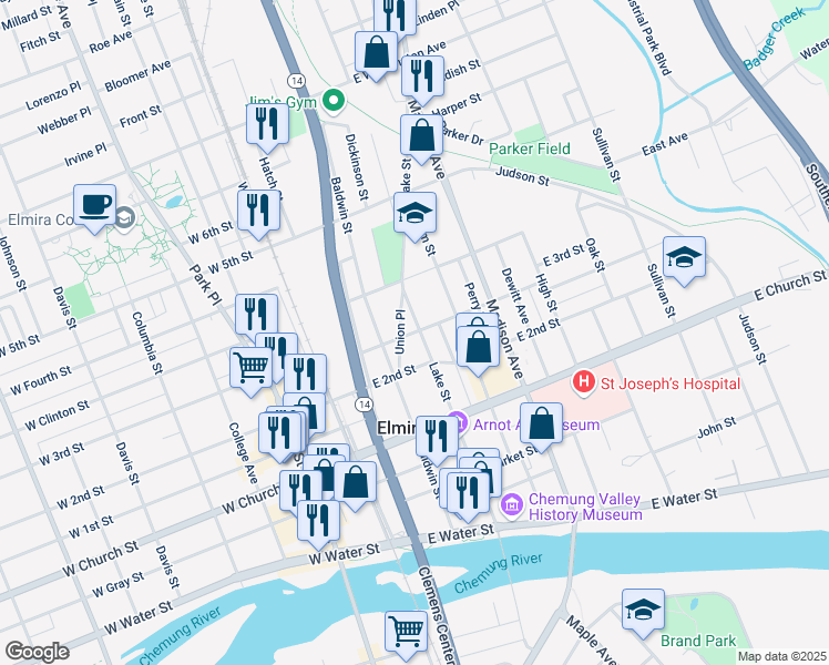 map of restaurants, bars, coffee shops, grocery stores, and more near 370 East 3rd Street in Elmira