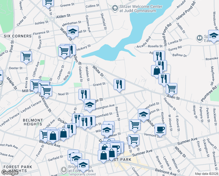 map of restaurants, bars, coffee shops, grocery stores, and more near 98 White Street in Springfield