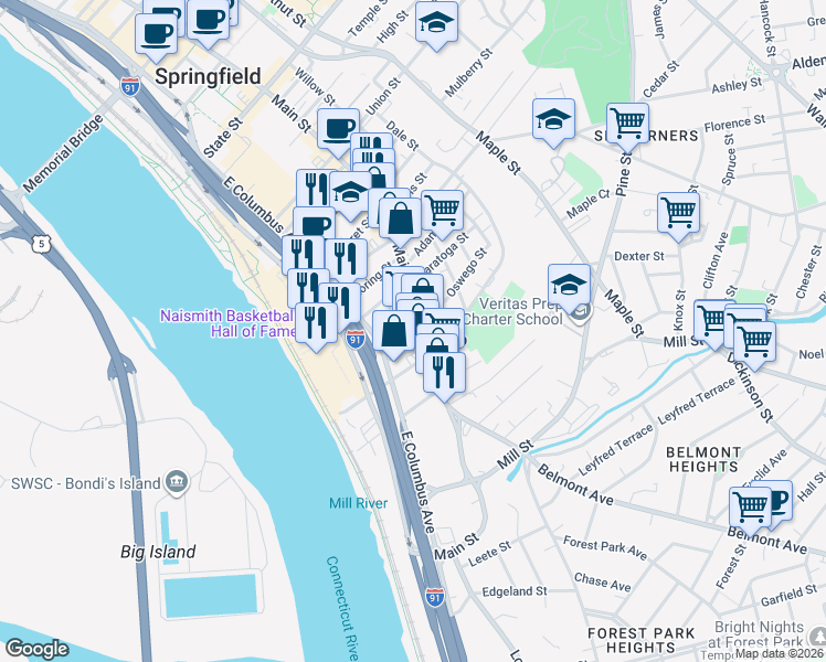 map of restaurants, bars, coffee shops, grocery stores, and more near 6 Arlington Court in Springfield