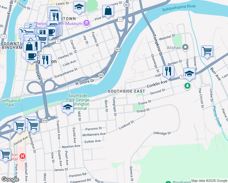 map of restaurants, bars, coffee shops, grocery stores, and more near 159 Conklin Avenue in Binghamton