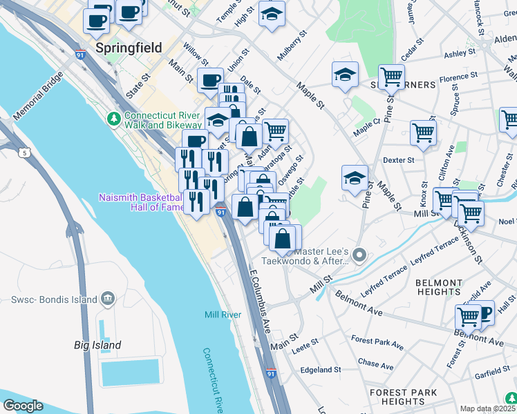 map of restaurants, bars, coffee shops, grocery stores, and more near 609-611 Main Street in Springfield