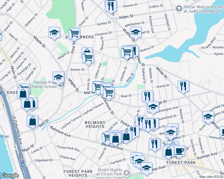 map of restaurants, bars, coffee shops, grocery stores, and more near 20 Rifle Street in Springfield