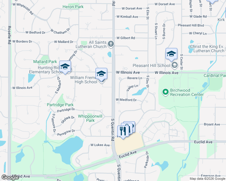 map of restaurants, bars, coffee shops, grocery stores, and more near 840 South Quentin Road in Palatine