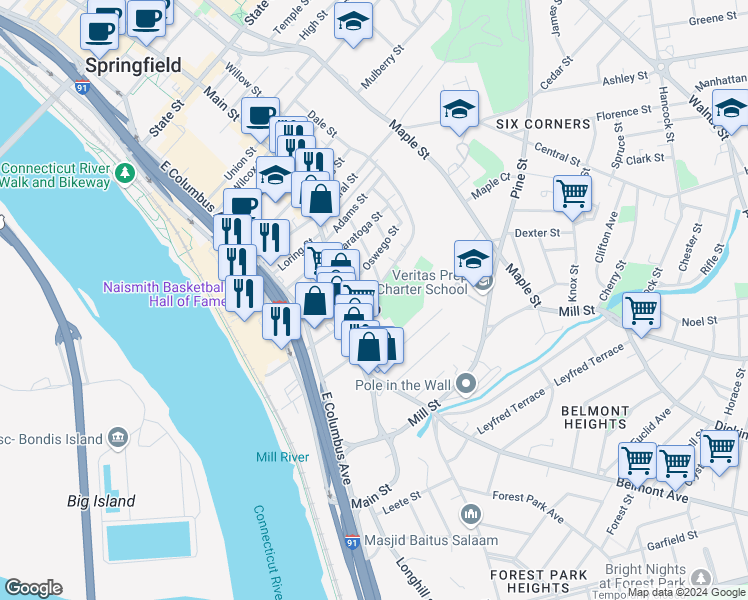 map of restaurants, bars, coffee shops, grocery stores, and more near 37 Marble Street in Springfield