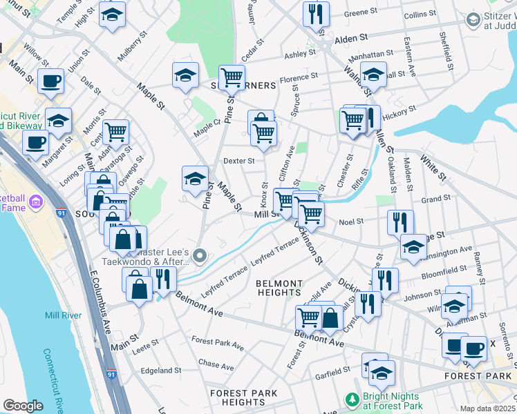 map of restaurants, bars, coffee shops, grocery stores, and more near 35 Smith Street in Springfield