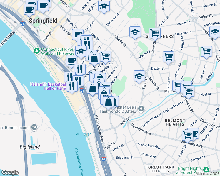 map of restaurants, bars, coffee shops, grocery stores, and more near 57 Marble Street in Springfield