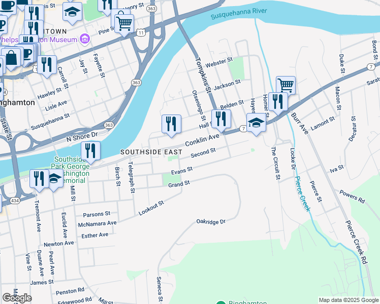 map of restaurants, bars, coffee shops, grocery stores, and more near 194 Conklin Avenue in Binghamton