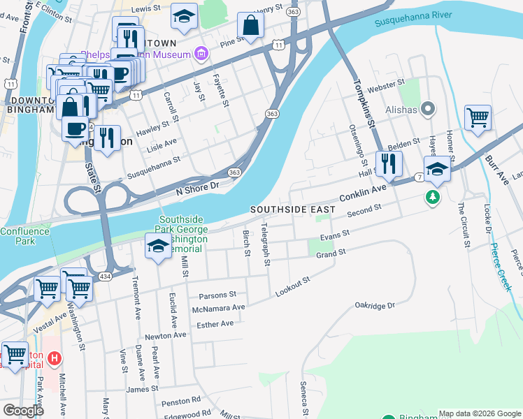 map of restaurants, bars, coffee shops, grocery stores, and more near 159 Conklin Avenue in Binghamton