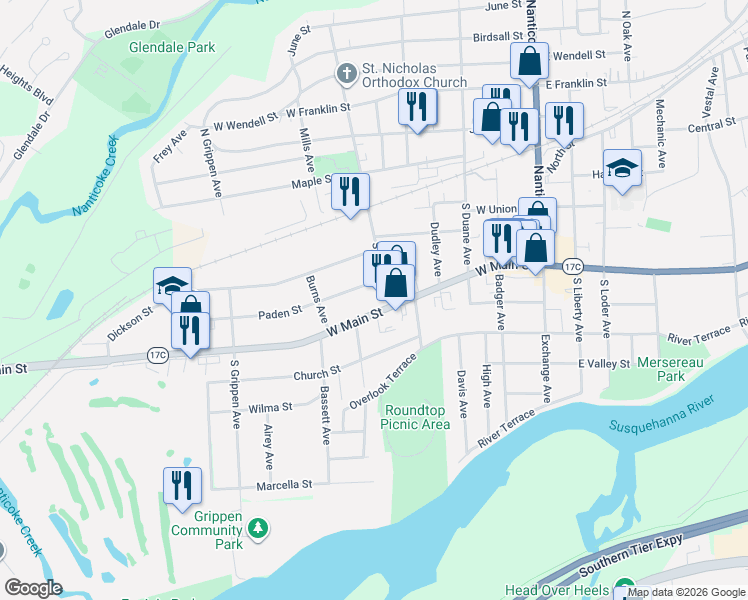 map of restaurants, bars, coffee shops, grocery stores, and more near 502 Paden Street in Endicott